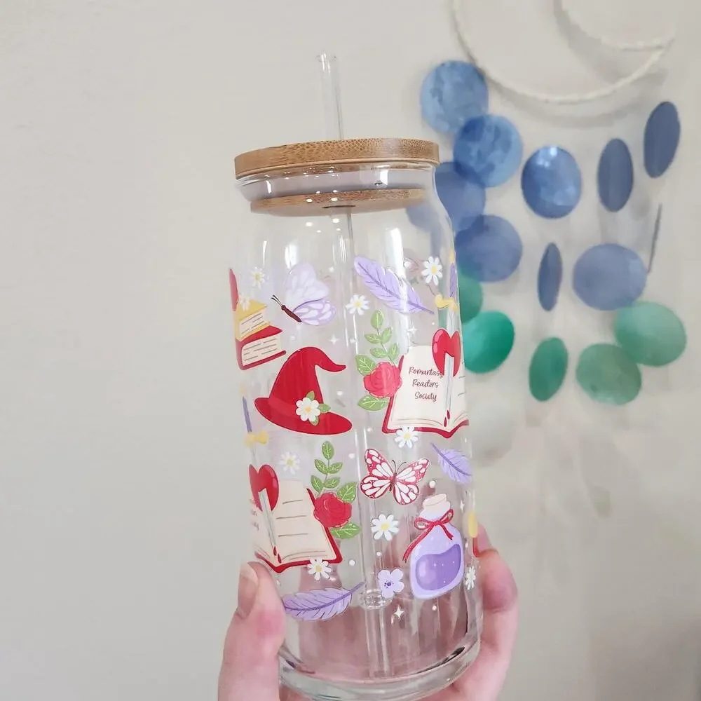 Fantasy Garden Picnic Glass Tumbler, Bookish Dragon Sword Design, Bamboo Lid